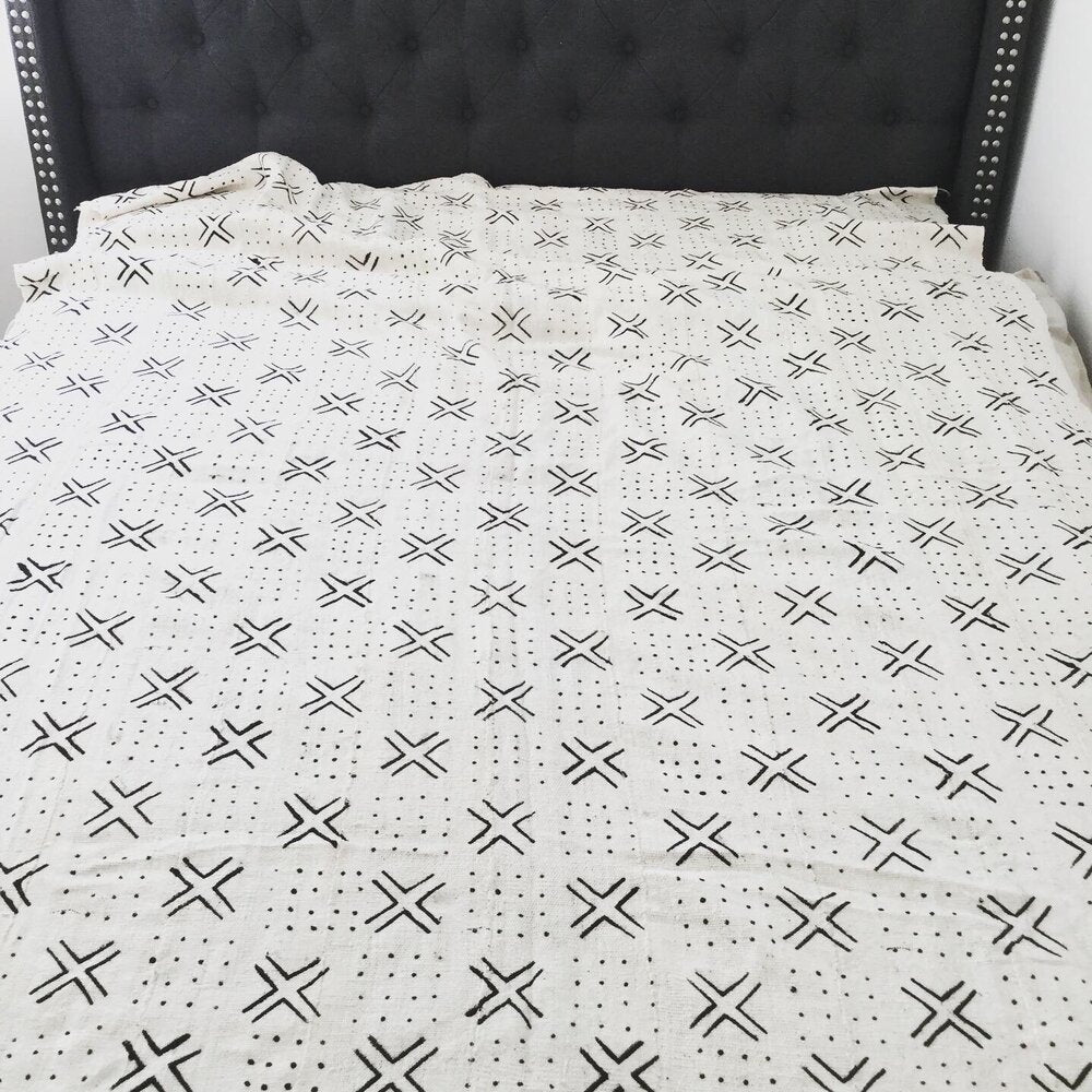 Crosses & Dots White Bogolan Mudcloth Queen Blanket.