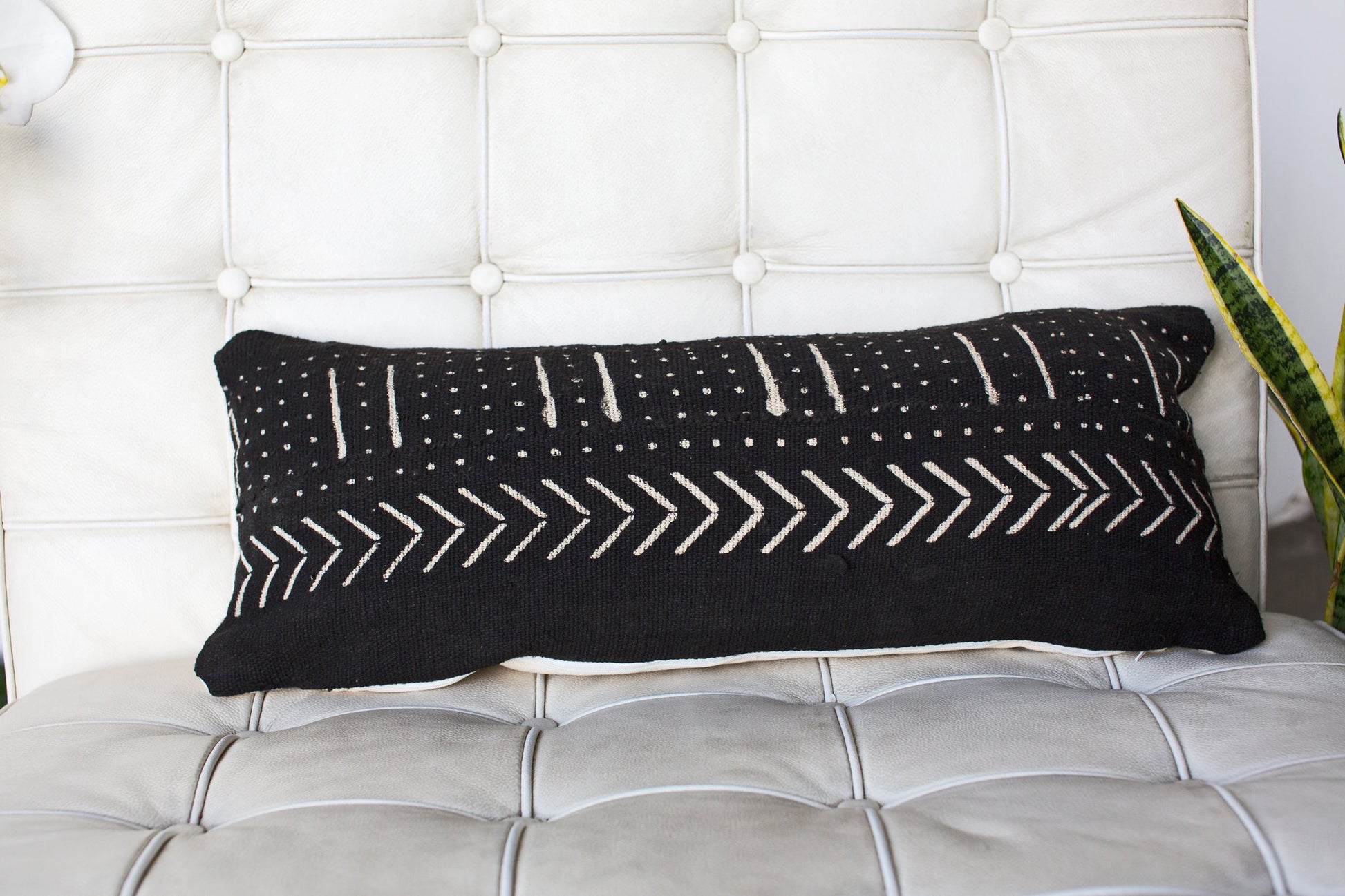 Black Dots with Chevrons on Black Mudcloth Lumbar Pillows.